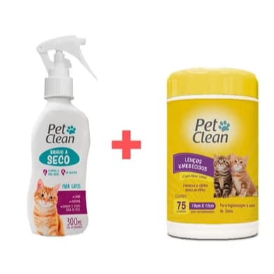 Kit Banho a Seco Gatos + Lenço Umedecido Gatos Pet Clean