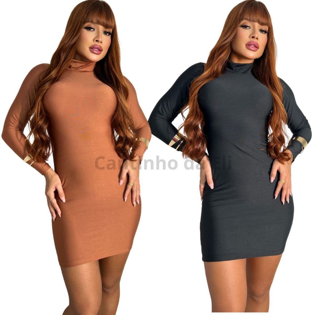 Kit 2 Vestidos Manga Longa Curto Inverno Gola Alta Cacharrel Em Suplex