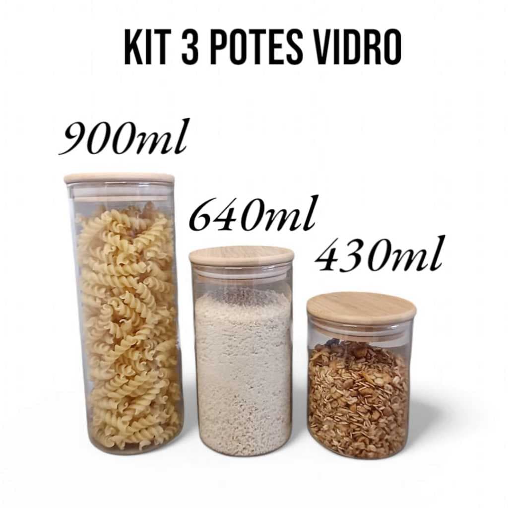 Kit 3 Potes de Vidro Tampa de Bambu Redondo Organizador Porta Alimentos Resistente Decorativo