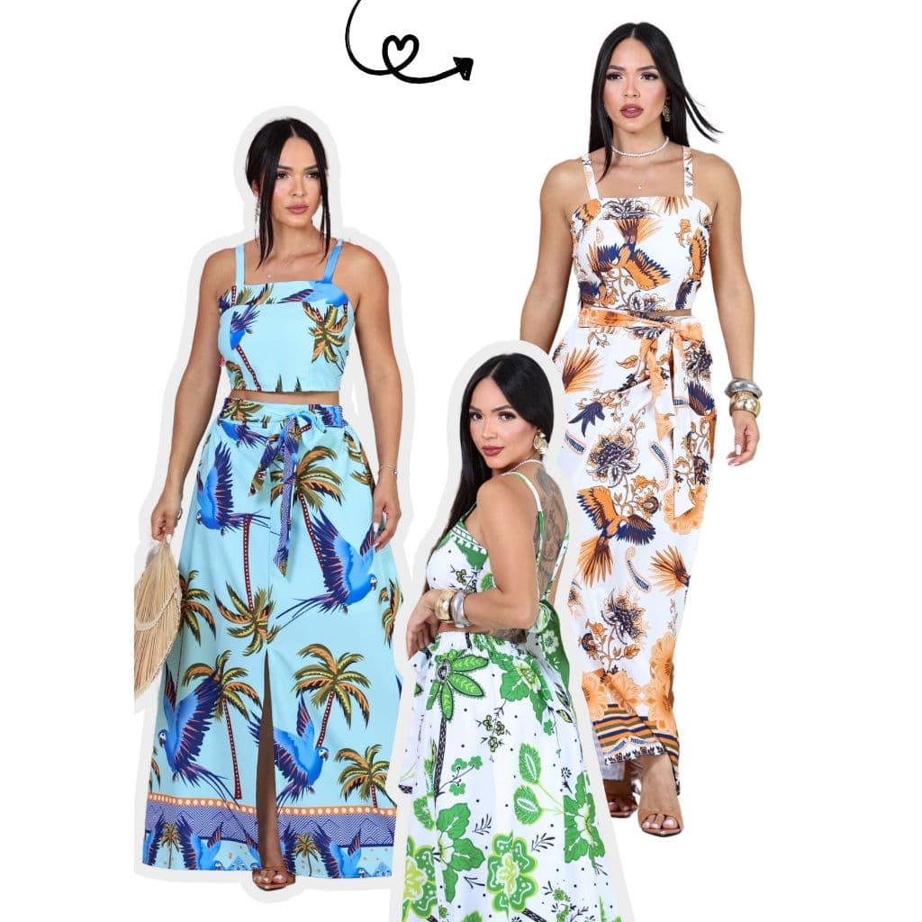 Conjunto Saia Com Croped Amarracão Na Costa Estampado Moda Verão 2025