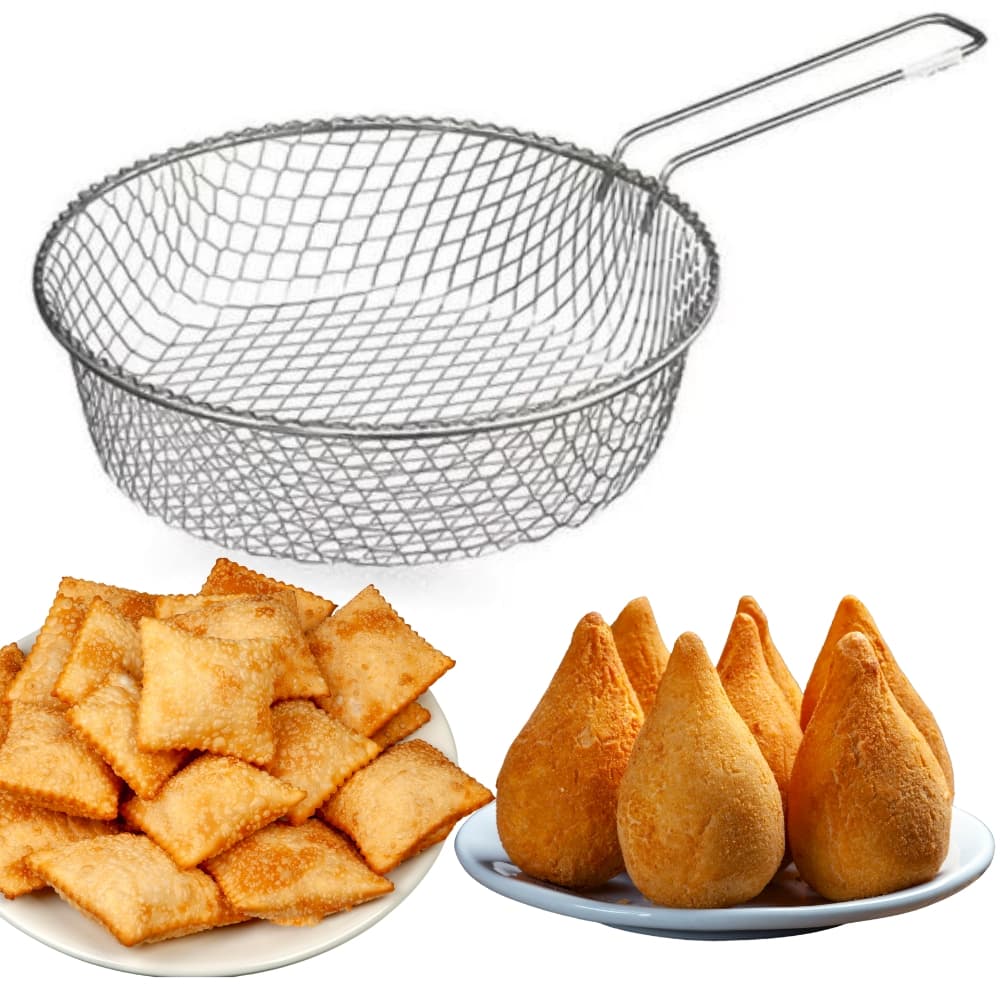 Cesto de Frituras 40cm Metal - Fritadeira Batata Frita Metal para Fritar Escumadeira Pastel Coxinha Aramado - PANAMI