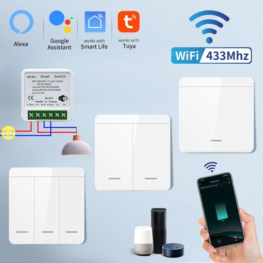 Módulo wifi rf433 + interruptor sem fio - instalação fácil sem quebrar parede- TUYA -SMARTLIFE- ALEXA-GOOGLE HOME