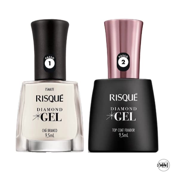 Kit Risqué Esmalte Diamond Gel Chá Branco Cremoso + Top Coat Fixador 9,5ml + BRINDE