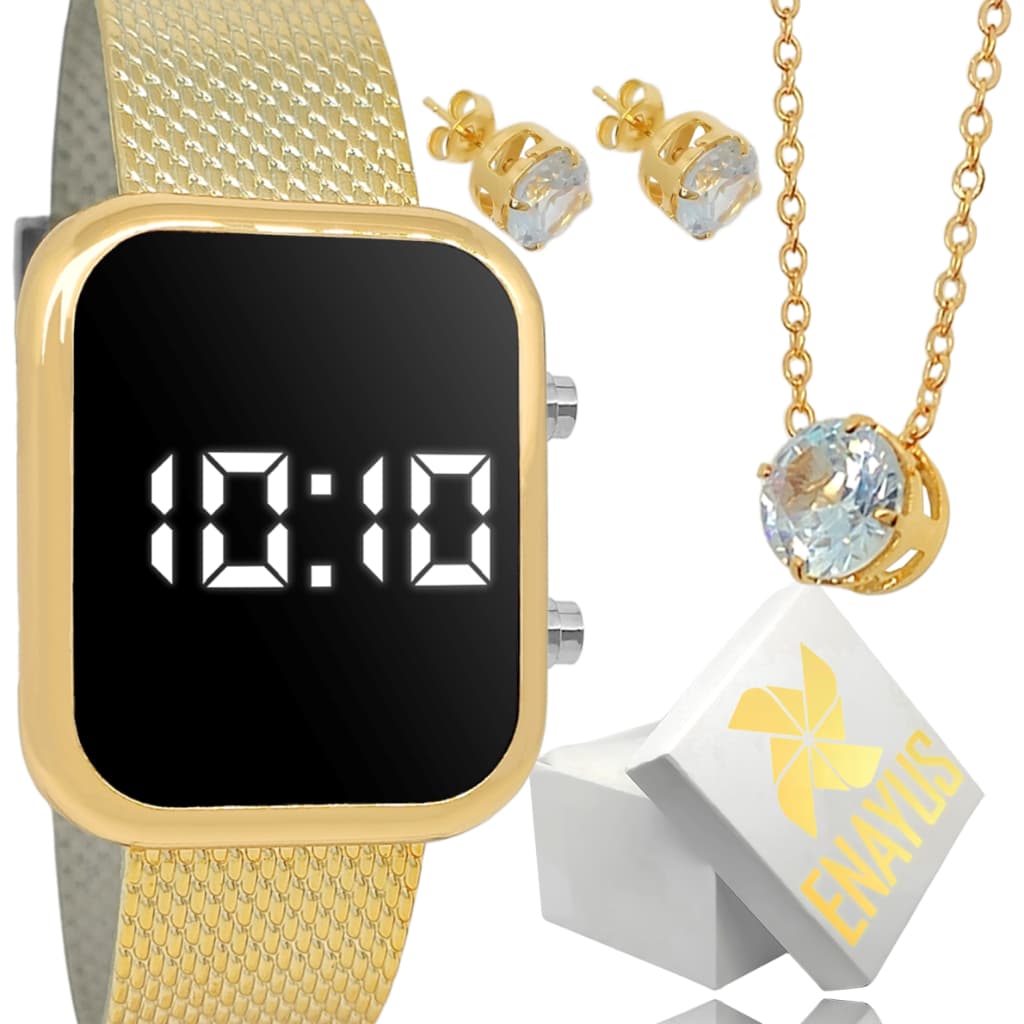 Relógio Feminino Digital Led Dourado Lindo Original + Kit