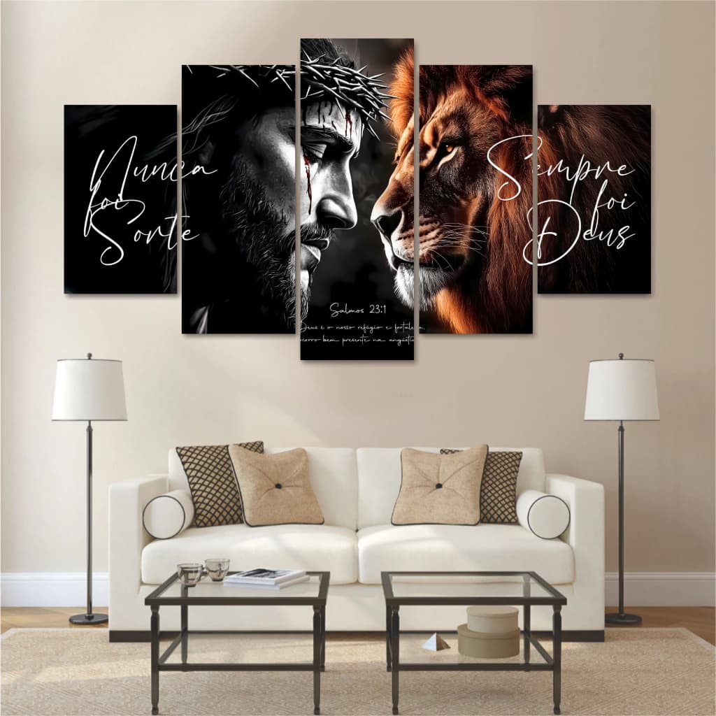 QUADROS DECORATIVOS MOSAICO 5 PEÇAS NUNCA FOI SORTE SALMO 23 LEÃO E JESUS CRISTO MODERNO SALA QUARTO HALL