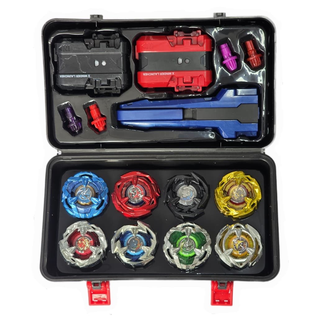 Maleta com 8 Piões de Batalha Metal Fusion + 2 Lançadores + 1 Grip Piões de Batalha Completo