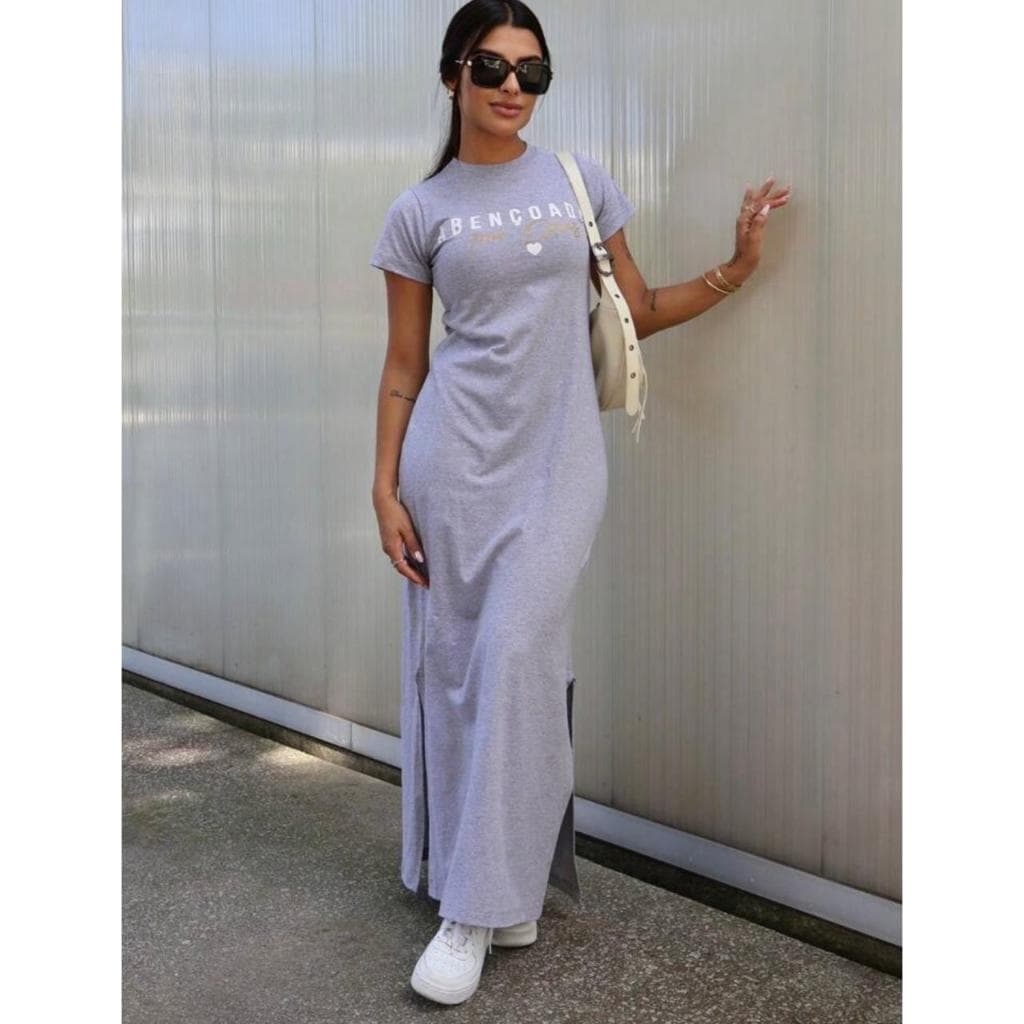 Vestido Feminino Longo Algodão Manga Curta Confort Escrita Abençoada por Deus