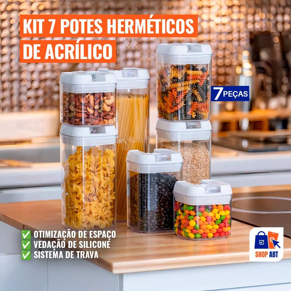 Kit 7 Potes Herméticos Acrílico Multiuso Empilháveis Quadrado Resistente Cozinha vedação silicone- 7 peças - 3 peças