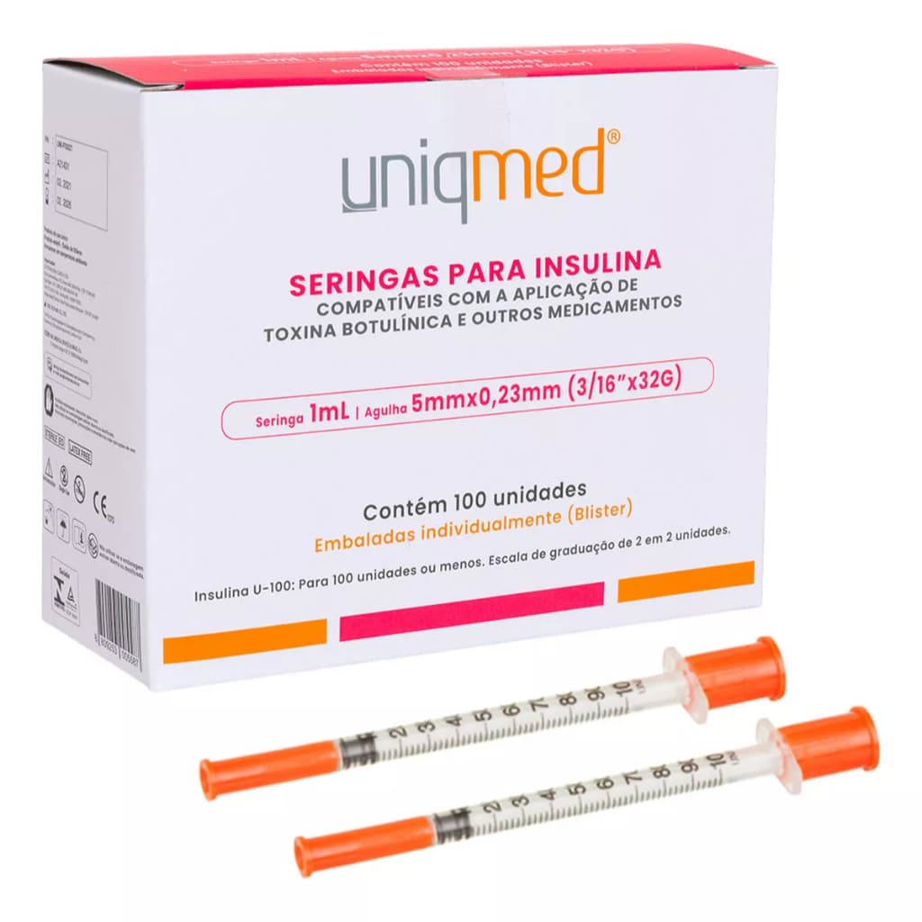 Uniqmed Seringa P/ Insulina Toxina Botulínica 1ml (100ui) Agulha 5x0,23mm 32g 100un