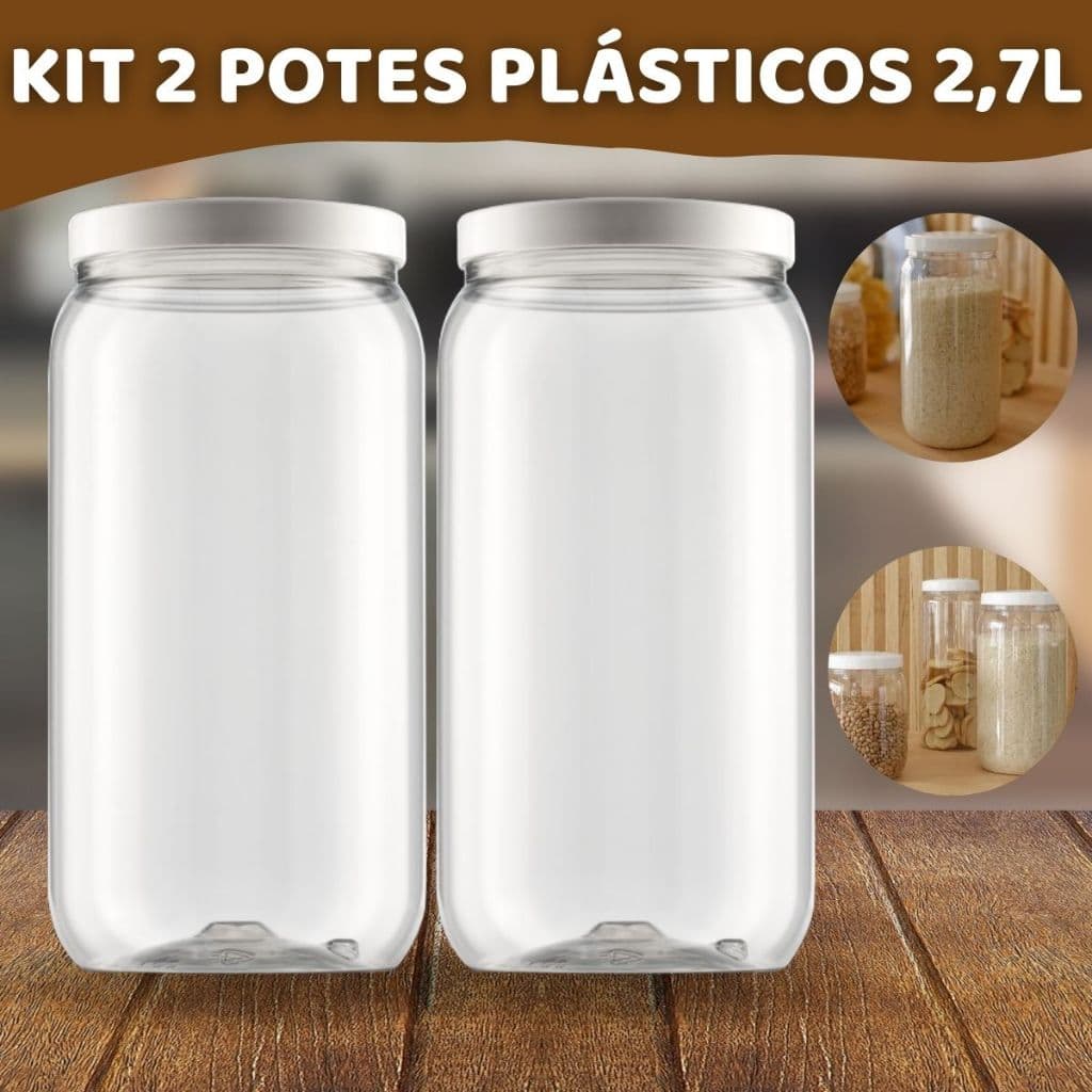 kit 2 Potes Plástico Organizador 2,7L Vasilha Cozinha Com Tampa Rosca Porta Condimentos Alimentos Grande Biscoito Arroz