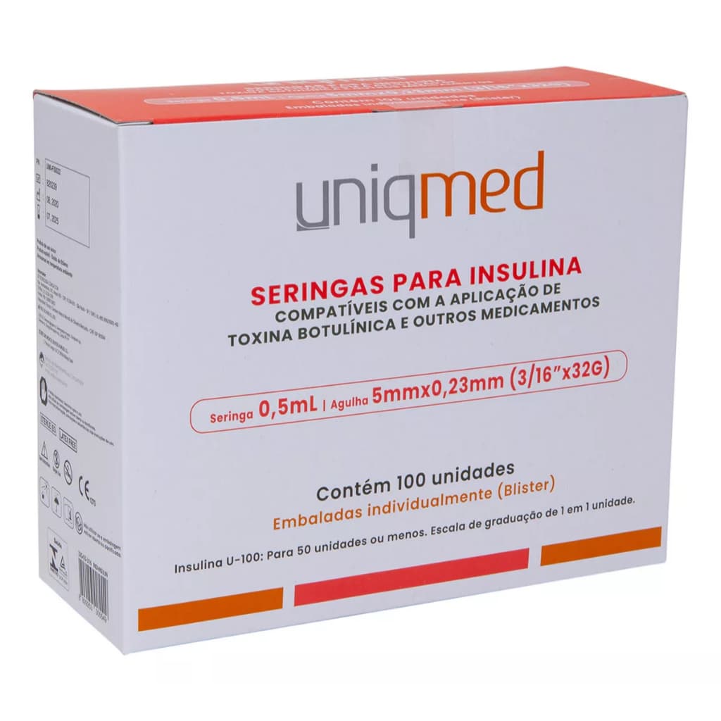 Uniqmed Seringa para Insulina Toxina Botulínica 0,5ml Agulha 5mmx0, 23mm (3/16 X32g) 100 Unidades