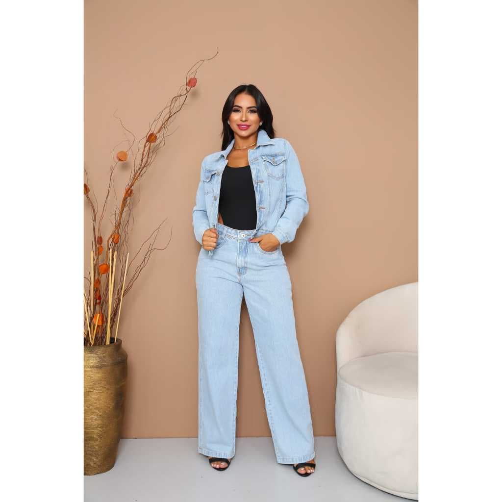 Conjunto Jaqueta Jeans com Calça Wide Leg Jeans Feminina