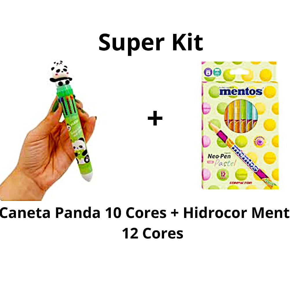 Kit-1 Caneta Esferográfica 10 Cores Panda Encantado e 1 Caixa de Canetinhas Hidrocor Mentos 12 Cores