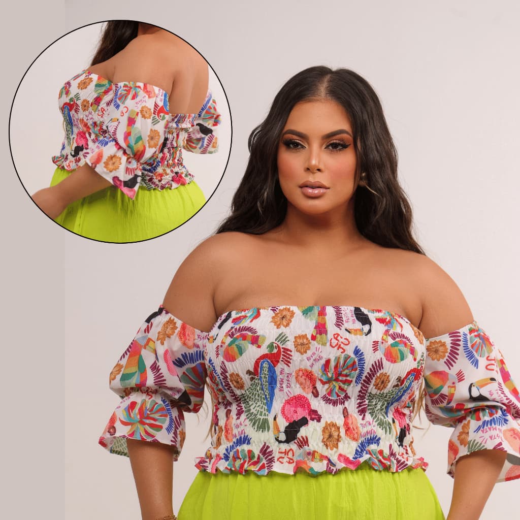 Cropped Blusa Xadrez Crepinho Feminina Plus Size  Curvy + Ciganinha Lastex Lycra Ombro a Ombro