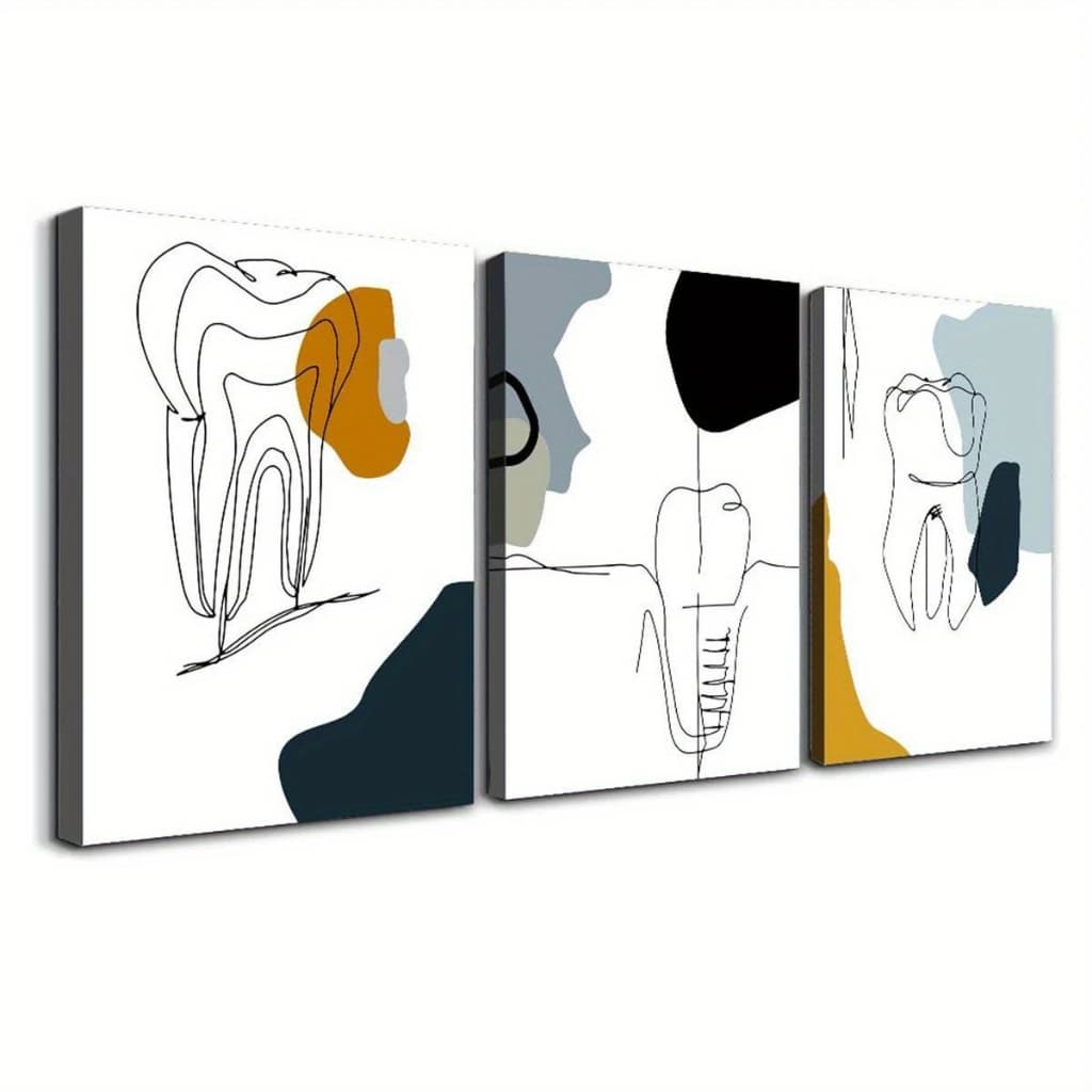 Quadro Decorativo Consultório Odontológico Dente Abstrato 3 Peças Clínica Consultório Sala de Espera