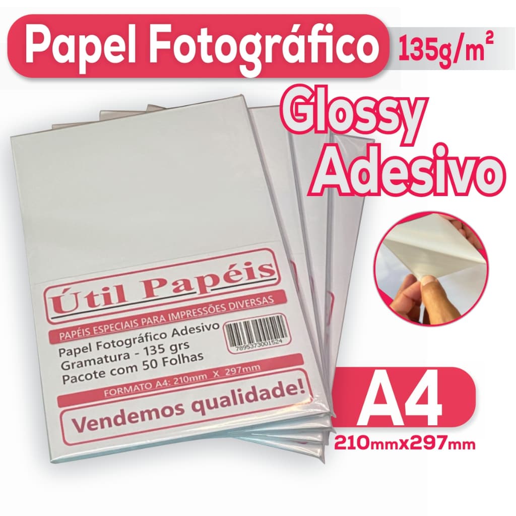 Papel Fotográfico Adesivo Brilho 135g A4 pacote c/ 50 Folhas - Glossy Premium Jato de Tinta e Laser