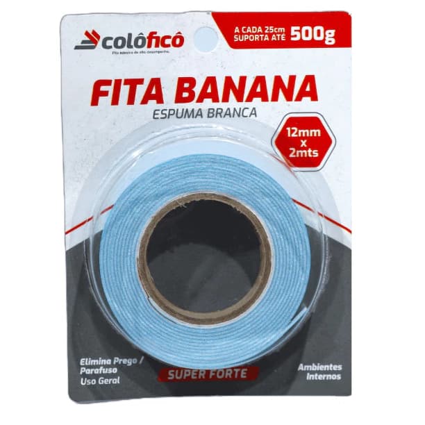 Fita Banana Dupla Face c/ Espuma 12mm X 2mt Suporta Até 500g - Colôficô