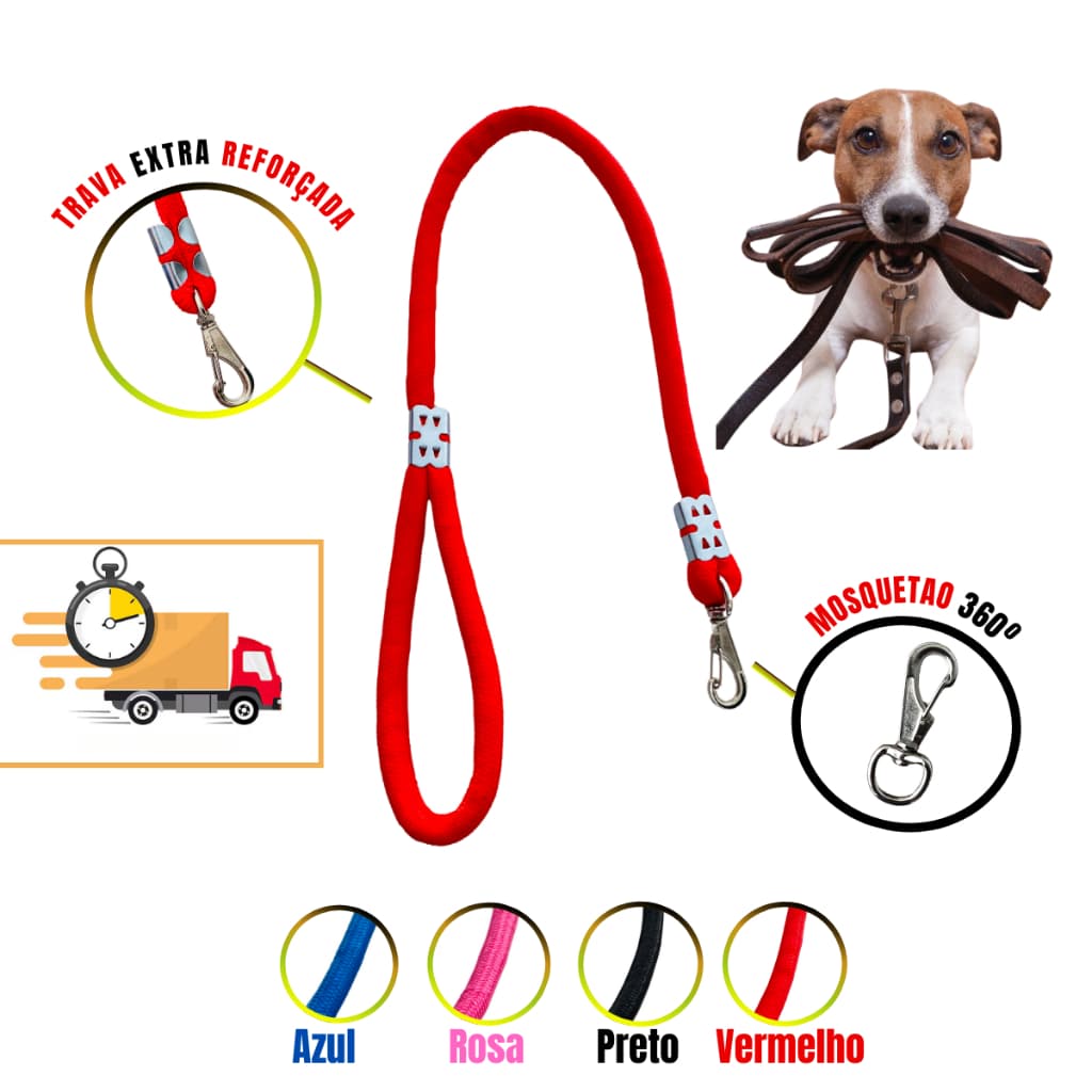 Guia Roliça Grossa 16 mm Coleira e Mosquetão Ajustável para Cães Varias Cores Reforçada e Resistente