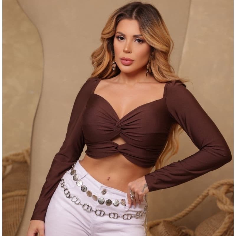 Blusa Cropped Manga Longa Decote Nózinho Premium