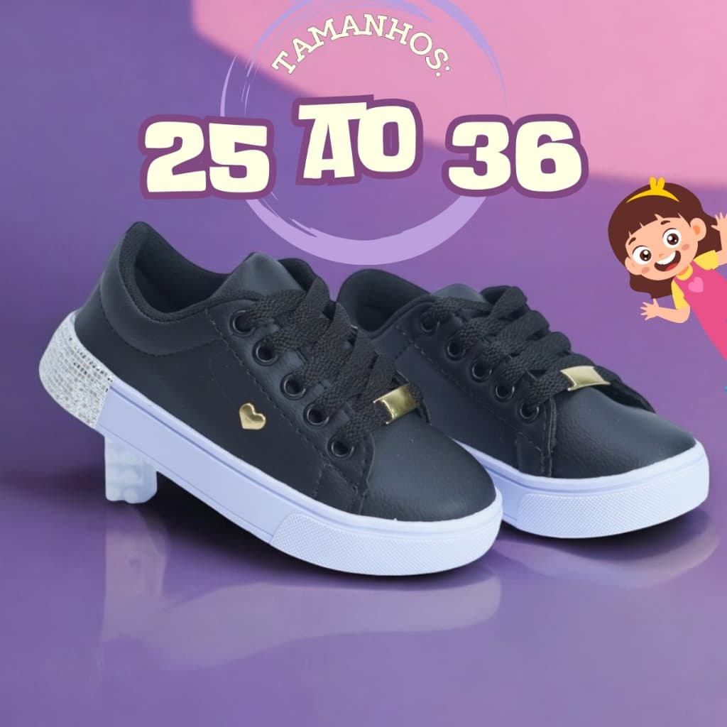 Tênis Infantil Feminino Preto Ultra Confortável Escolar Leve Casual 25 ao 36 Envio Rápido