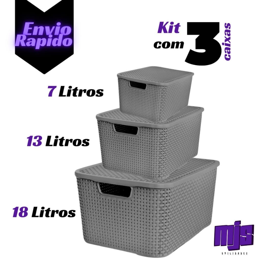 Kit 3 X Caixa Organizador Rattan 7 13 17 Litros Cesto Plastico Organizador Multiuso Tampa Empilhável