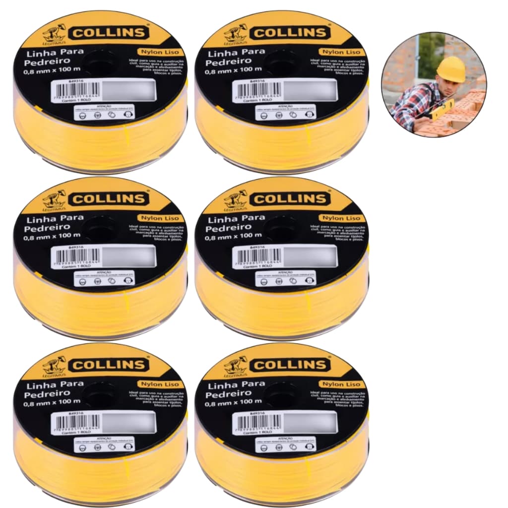 6 Linhas De Pedreiro Nylon Construções 0,8mm X 100m Collins