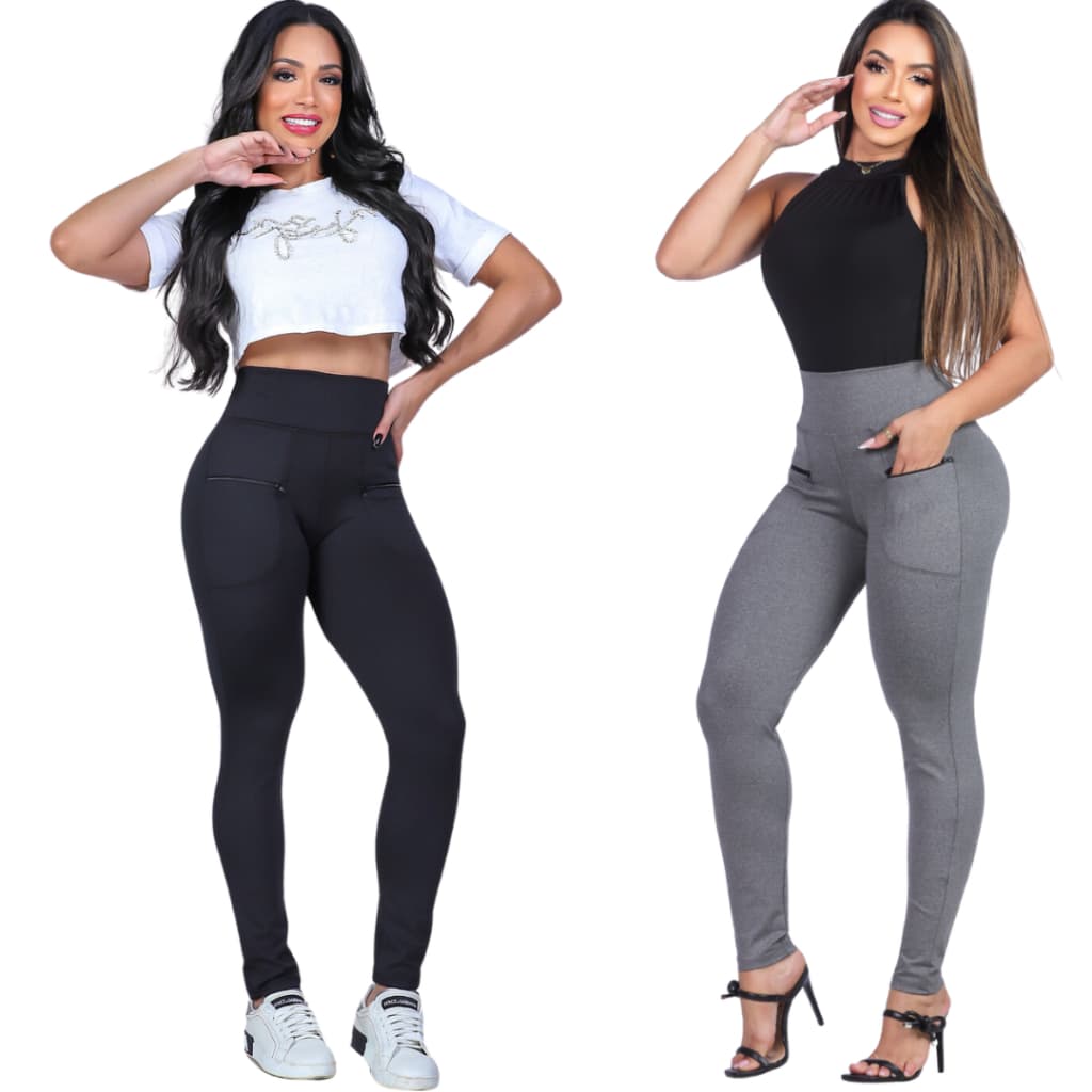 Calça Legging Bolso Zíper Feminina Suplex Flexível Cintura Alta Tecido Grosso Academia Casual