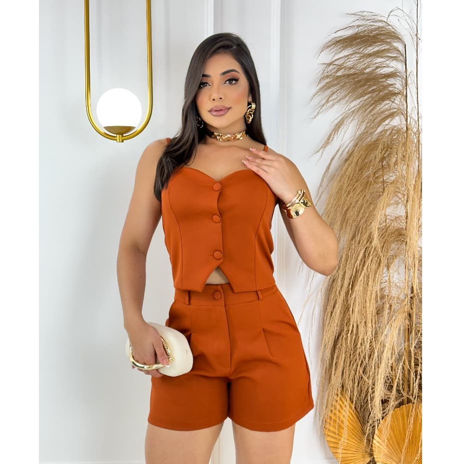 Conjunto Feminino Alfaiataria Blusa De Alcinha Regulável Botões Encapados E Short Cós Alto