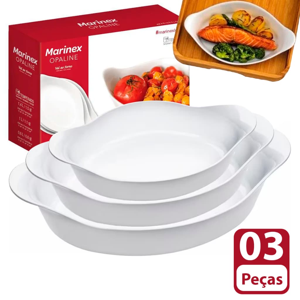 Conjunto de Assadeiras Opaline Marinex Travessa Forma de Vidro Branco Brilhante PMG 3 Unidades