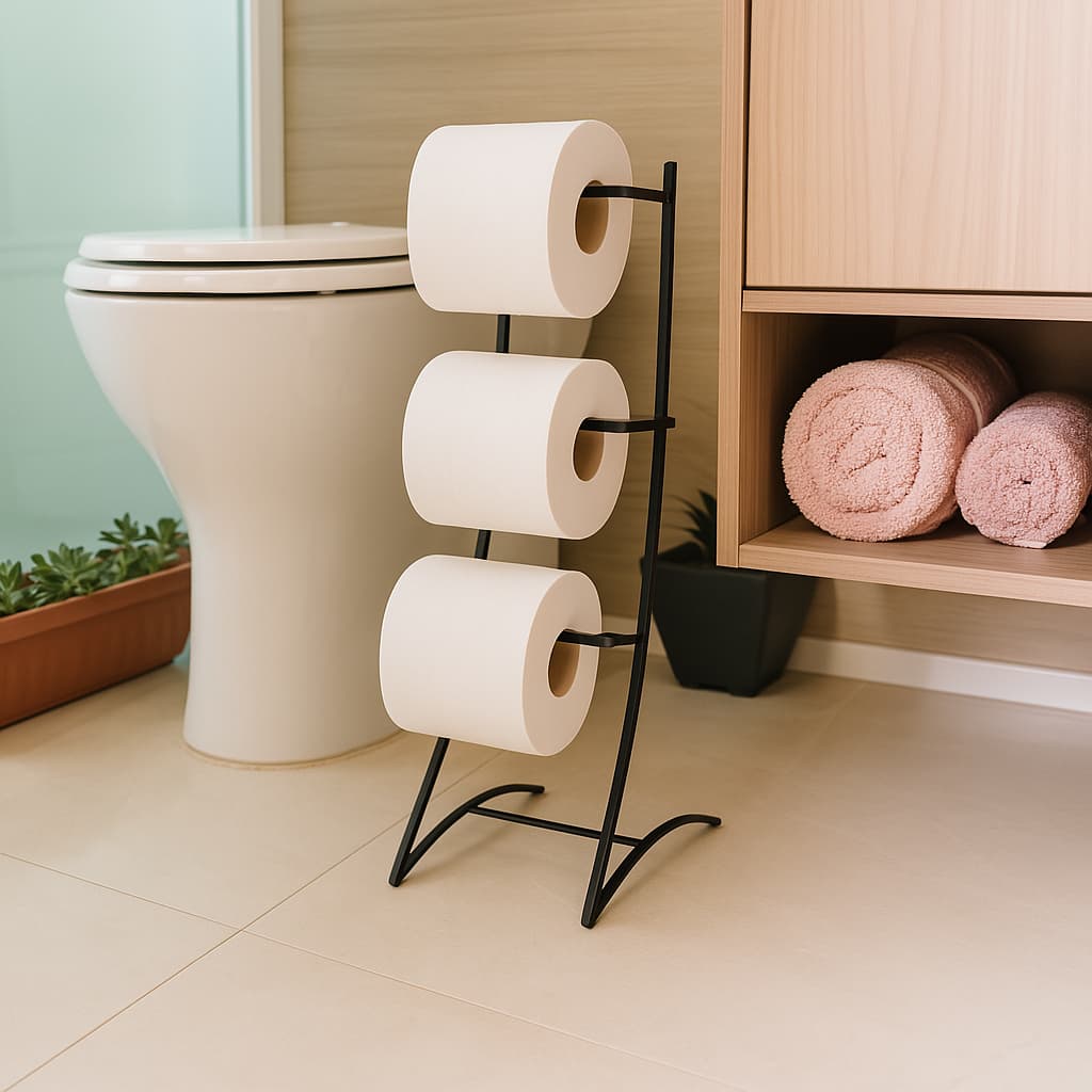 Porta Papel Higiênico de chão 3 Rolos Piatina Preto Organização Suporte