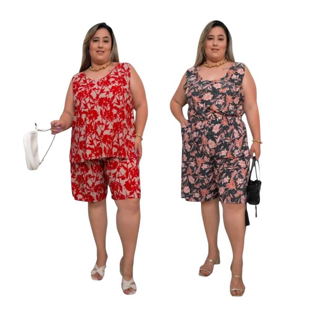 Kit 2 Conjunto Blusa E Bermuda Malha Fria Com Bolsos Senhoras Estampas Sortidas
