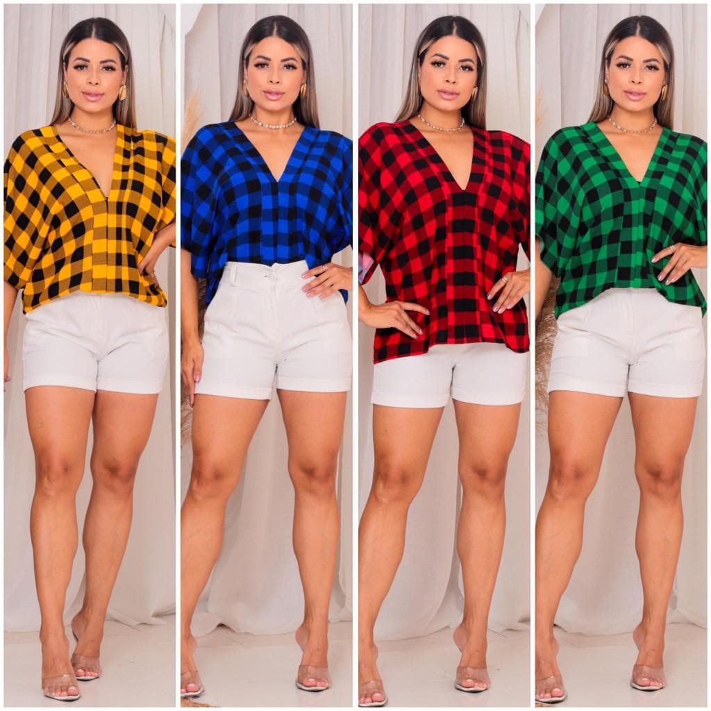 BLUSA XADREZ PLUS SIZE, MANGA MORCEGO TECIDO DUNA DECOTE V COM AMARRAÇAO NAS COSTA