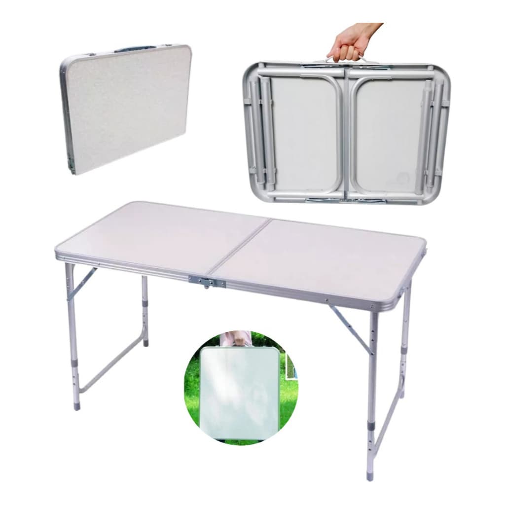 Mesa Prática Dupla Alumínio 120x60  e 80x60 Dobrável Vira Maleta Mor Camping e Evento