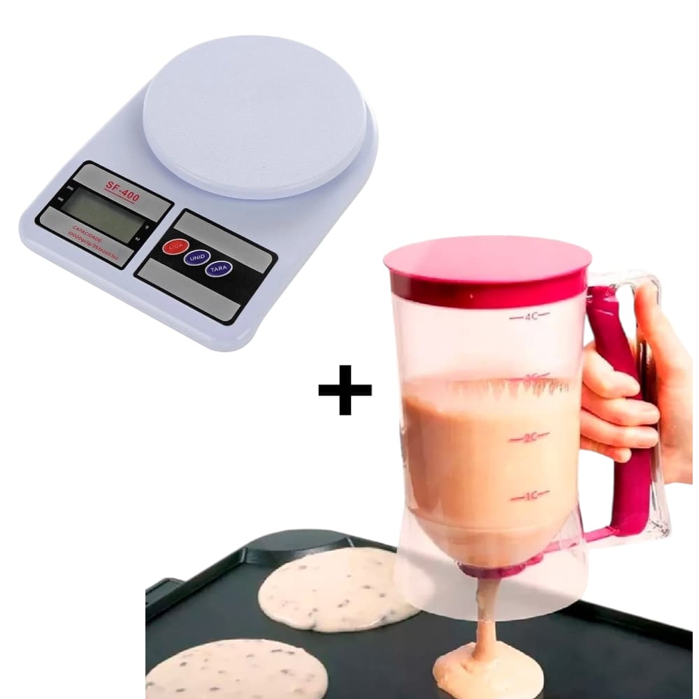 Kit Copo Dispenser Dosador Medidor De Massas 900ml + Balança digital Alta Precisão 10kg Confeitaria