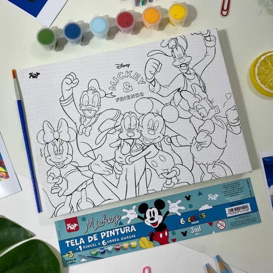 Kit Tela para Pintura Mickey + 6 Mini Tinta Guache + Pincel - DAC