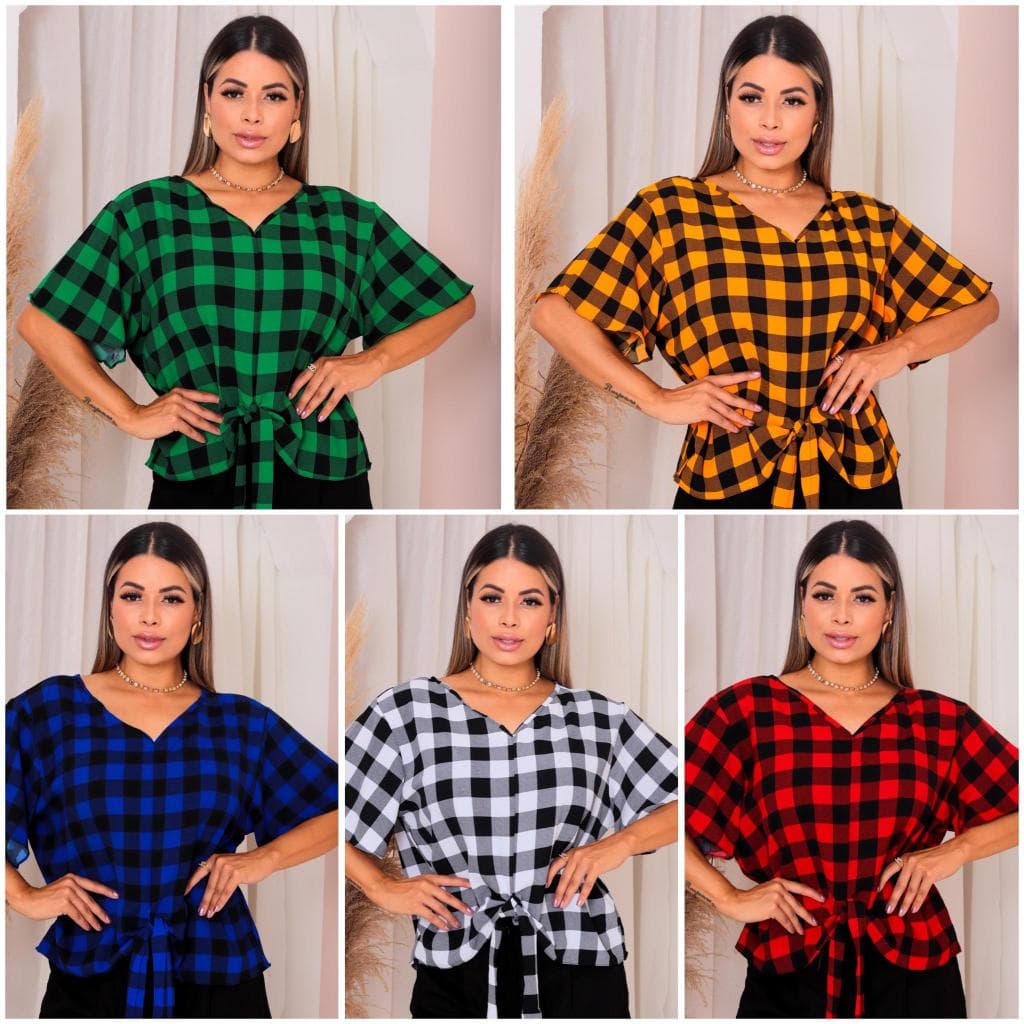 Blusa Feminina Xadrez Amarração Frontal Tecido Duna Moda Blogueira Verão