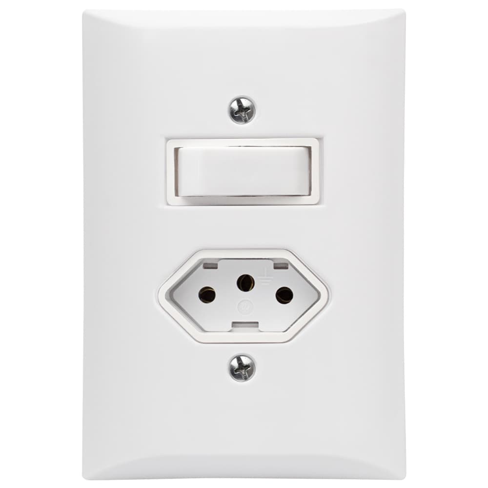 Kit 5 Interruptor Simples 1 Tecla + Tomada 10A 2p+t Com Espelho Branco Bivolt 127V e 250V