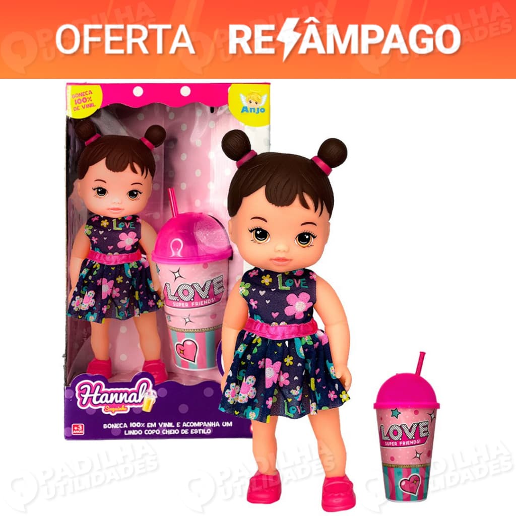 Boneca Hannah Suquinho Com Copo de Canudinho Cheirosa e Macia