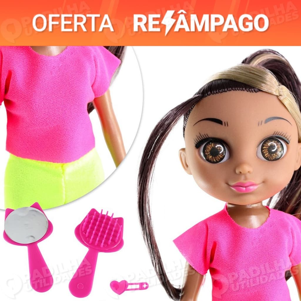 Boneca Violet Negra 30cm com Acessórios Pente Espelho Prendedor de Cabelo Macia e Cheirosa