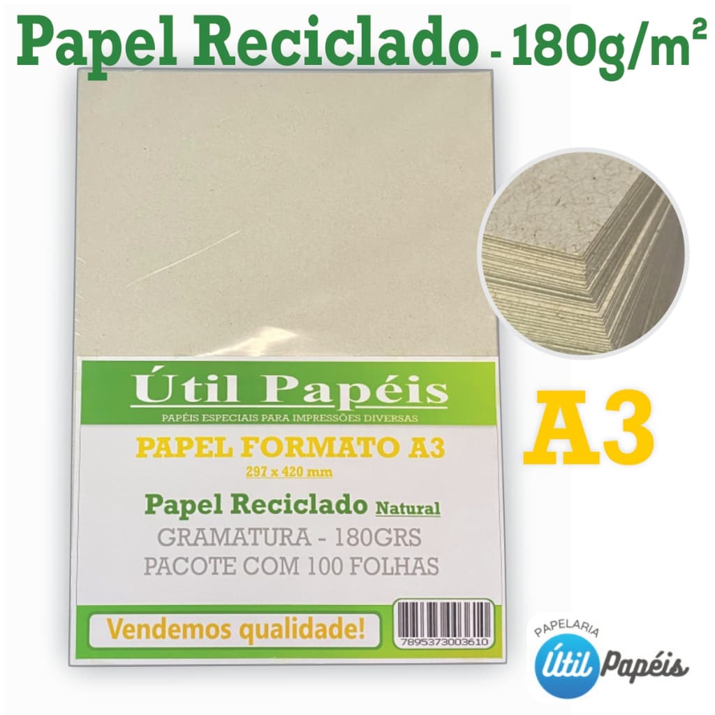 Papel Reciclado A3 180g - Pacote com 50 Folhas Eco Premium / 297mmx420mm jato de tinta e Laser
