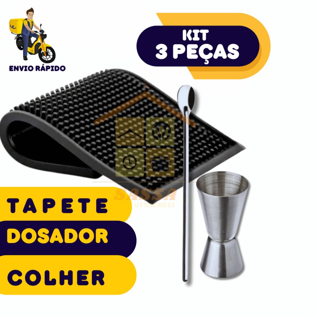 Kit 3 Peças Tapete Escorredor de Louças Colher Bailarina e Dosador de Bebidas Tapete 45cmx30cm Jogo Bartender