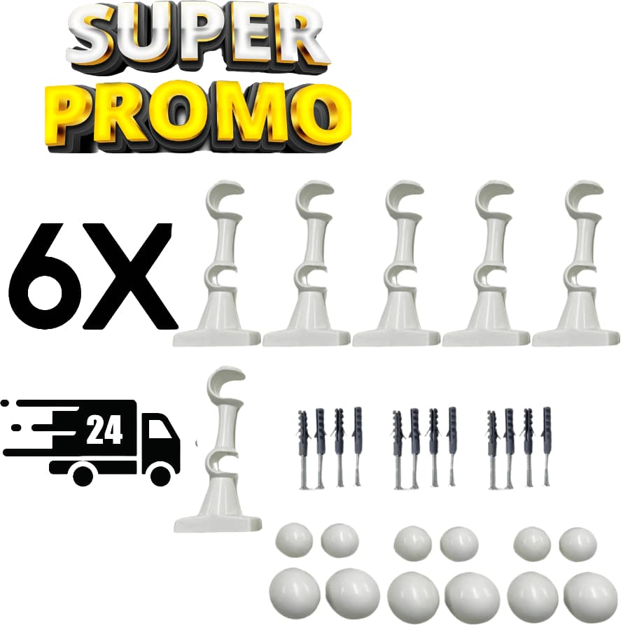 Kit de Suporte Duplo Reforçado para Varão 28mm e 19mm de Cortina 6 unidades em Plástico