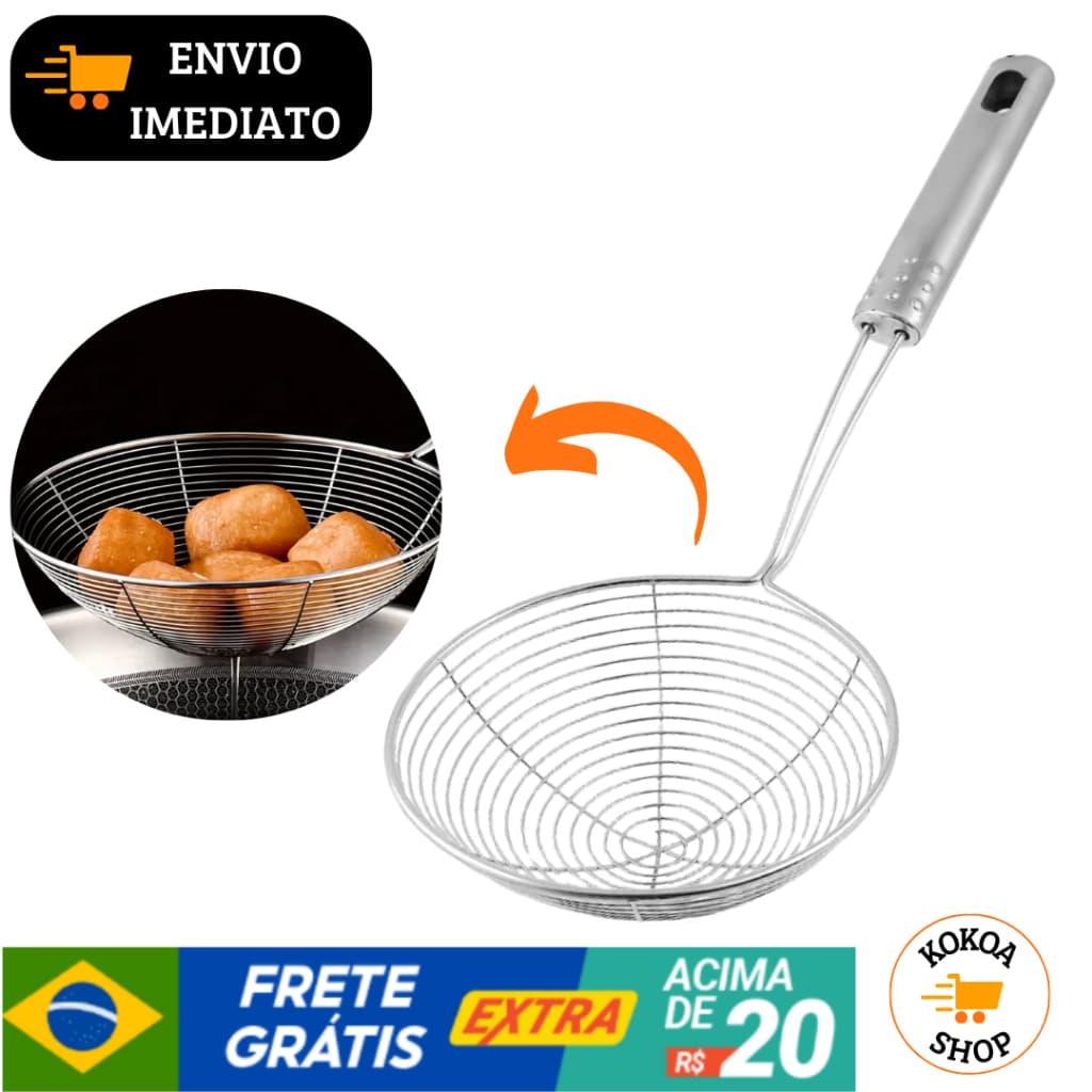 Escumadeira para Fritura Inox para Pastel Batatas Escorrer Alimentos Fritadeira Redonda Cozinha Utensilios Resistente