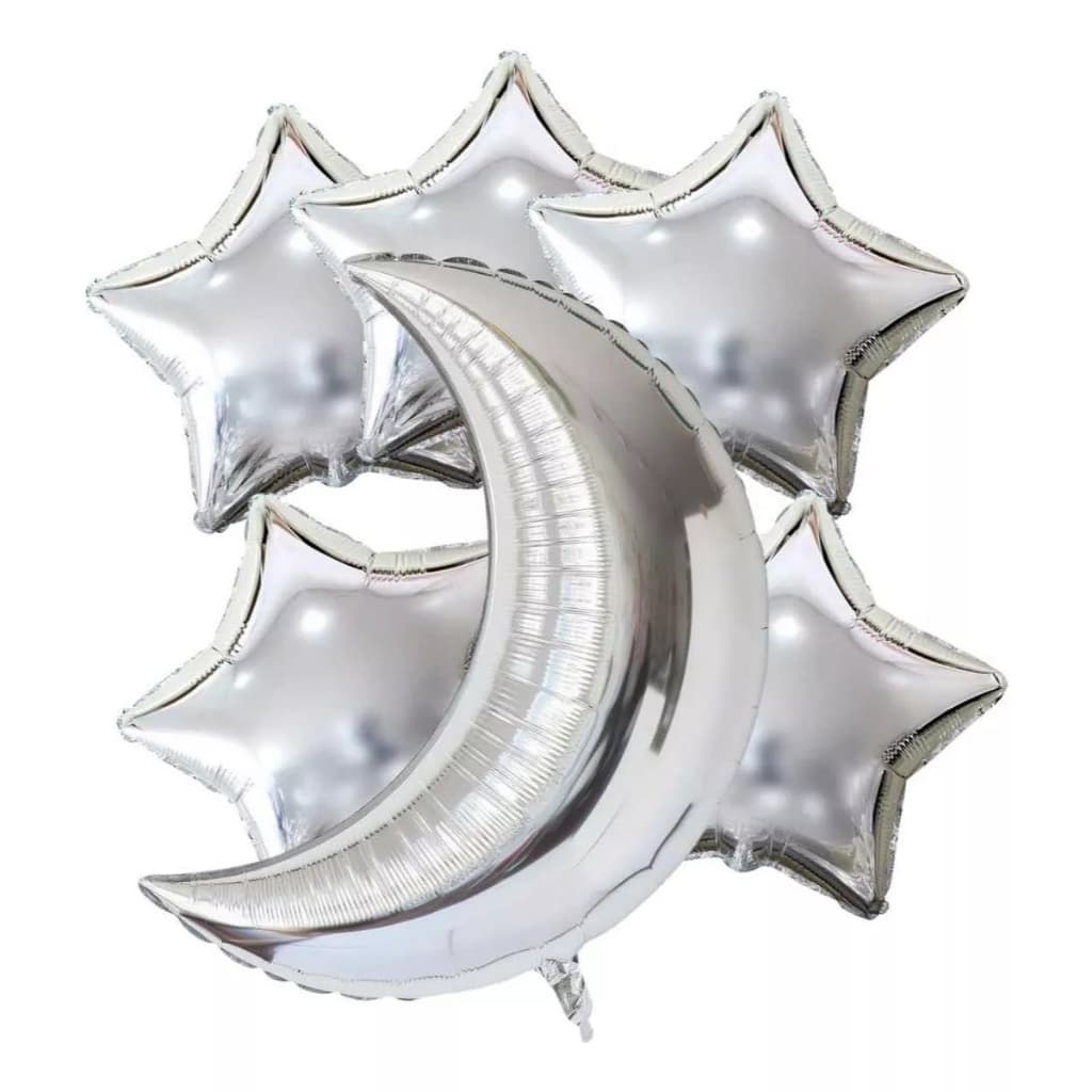 Kit c/ 6 Pcs Balão Metalizado 1 Lua Prateada 73cm + 5 Estrela Prata 45cm - Festa Decoração