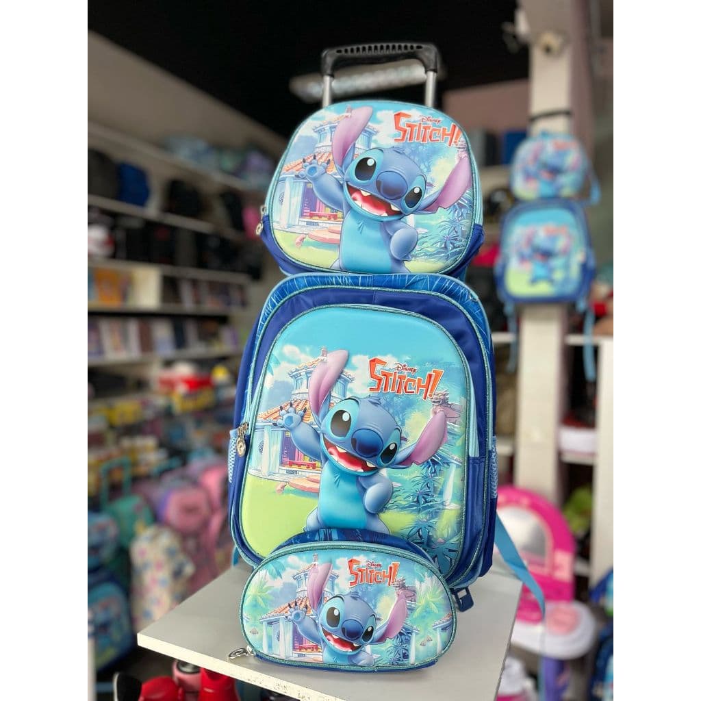 KIT MOCHILA RODINHAS STITCH, LANCHEIRA TÉRMICA E ESTOJO