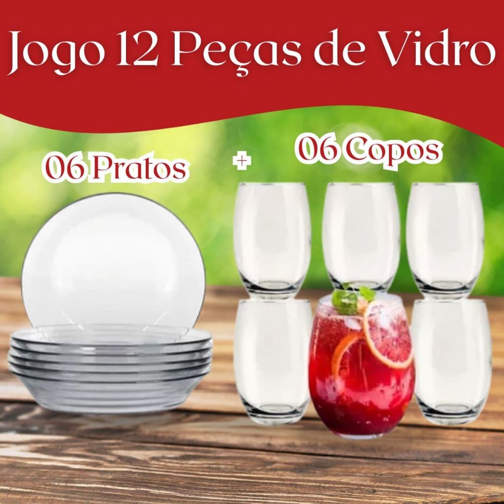 Kit 12 Peças 6 Pratos Fundos Astral E 6 Copos Redondos Nadir Promoção Jogo de Jantar Chá Vidro Aparelho de Cozinha Taça