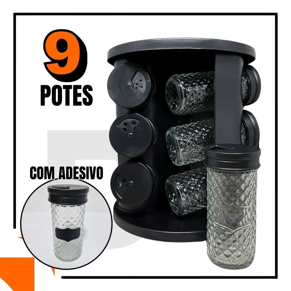 Porta Condimentos e Temperos Giratório 360º Com 9 Potes de Vidro Cozinha Tempero