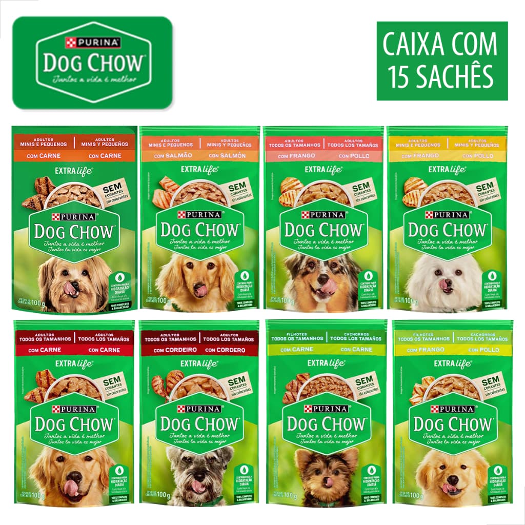 Kit 15 Sachê Dog Chow 100g Cães Adulto e Filhote Alimento Úmido Sache Carne Frango ou Salmão