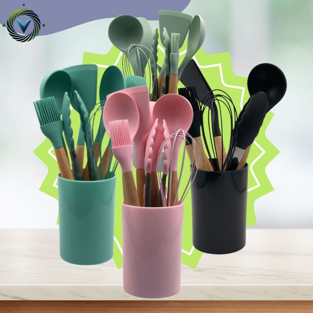KIT FRATELLI de Utensilios Cozinha Silicone 8 Peças Nao Toxico Livre BPA  - Cabo em Madeira com Suporte Colher Espatula