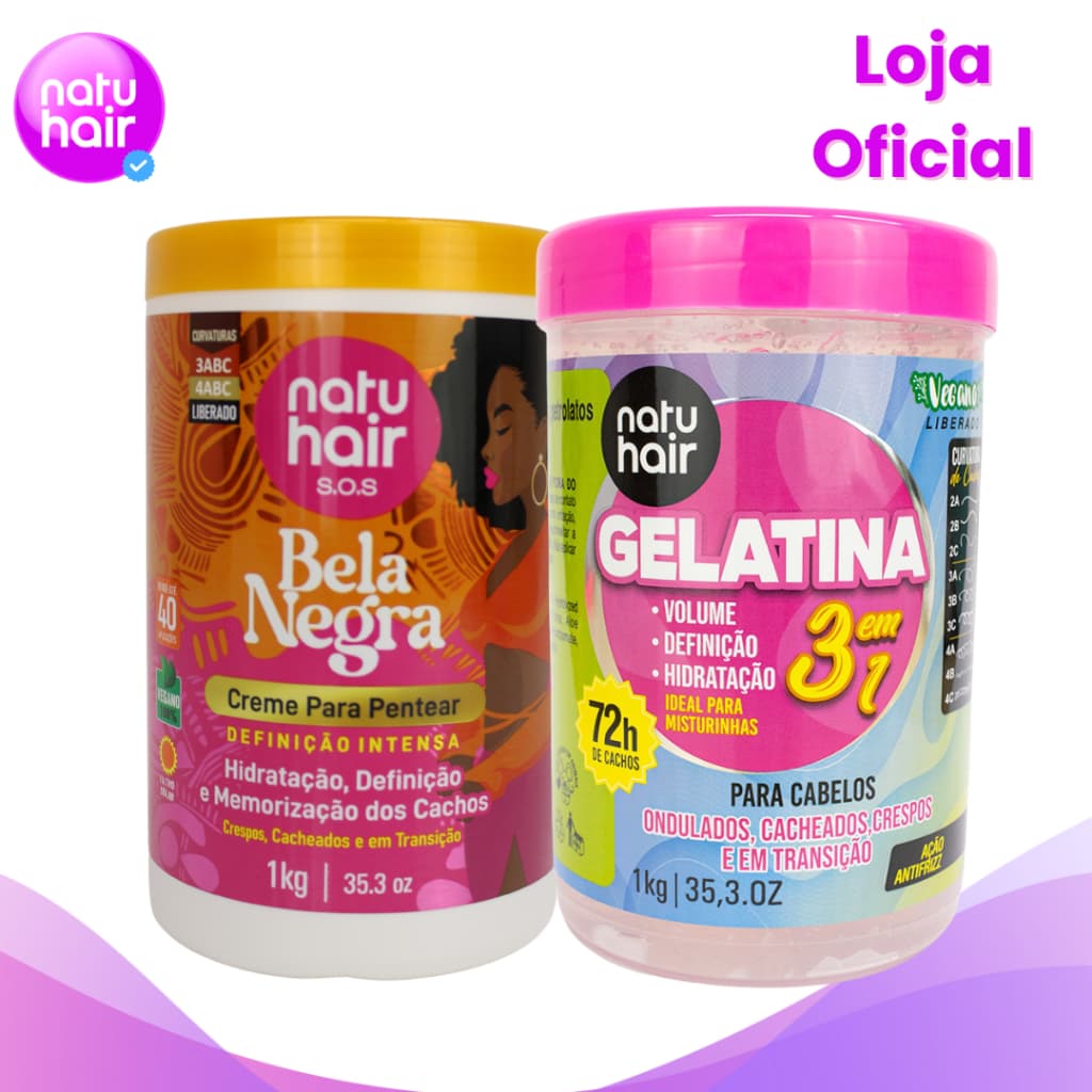 Kit Creme para pentear Bela Negra Natuhair + Gelatina Modeladora de Cachos 3 em 1 Natuhair 1kg